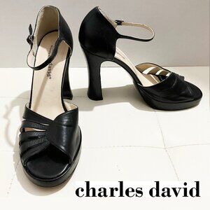 Charles David by Nathalie M Leather Black Strap Sandal Block Heels | Size 9B